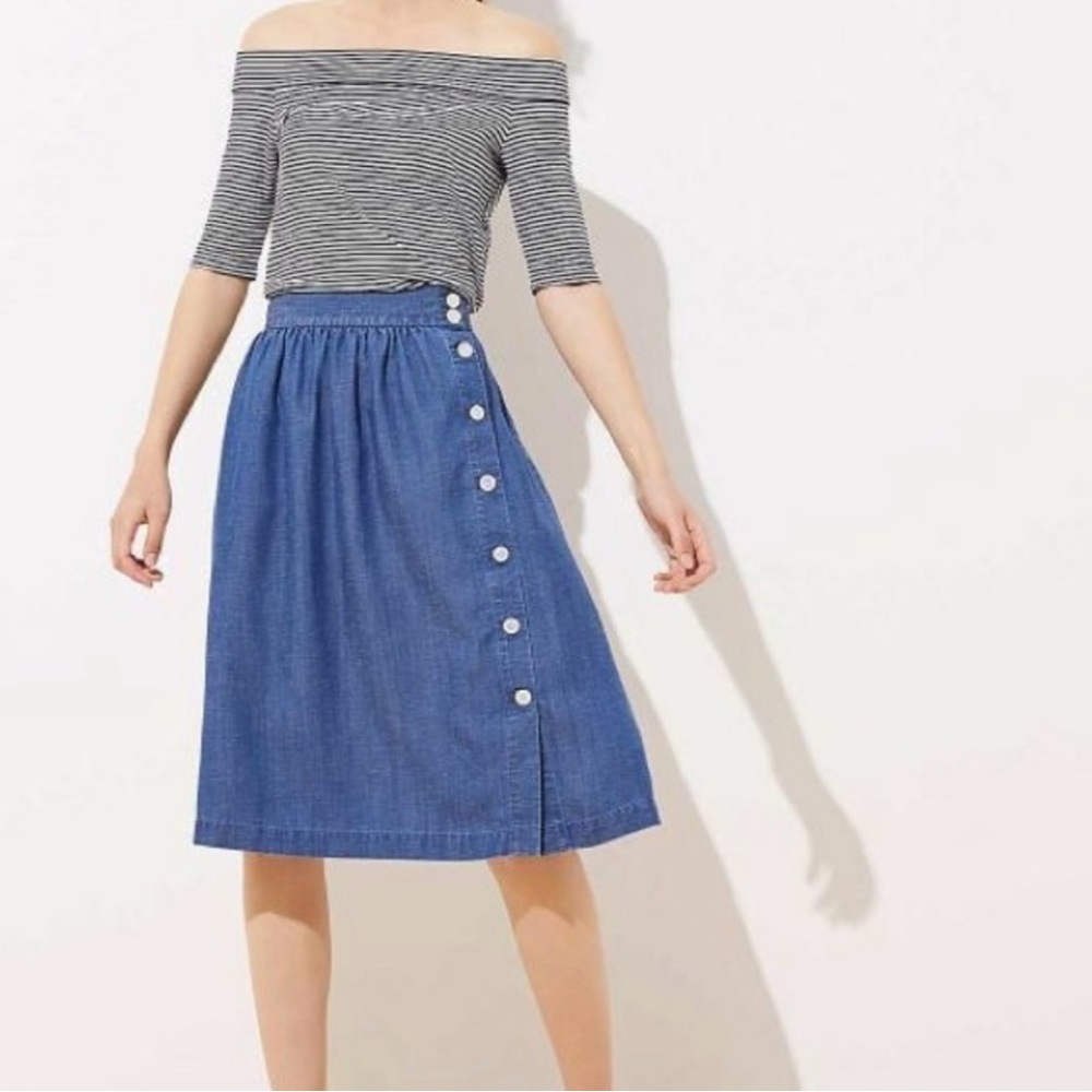 LOFT Blue A-Line Denim Skirt with Side Buttons